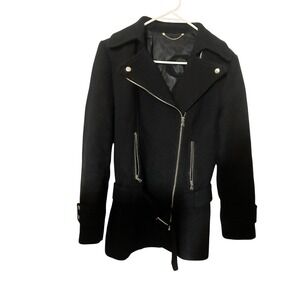 GUESS Black Moto Wool Blend Belted Zip Coat Women M Edgy Chic Minimalist Modern